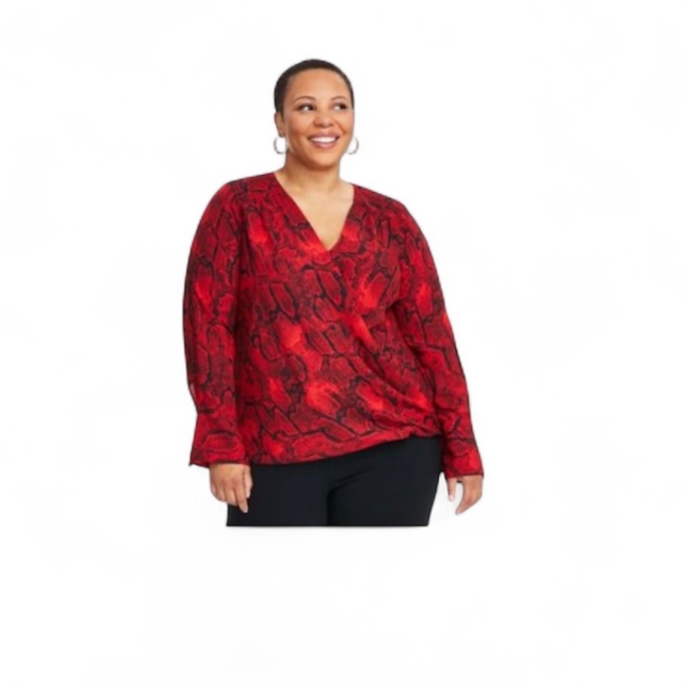 INC International Concepts Red and Black Snake Print Blouse 2X NWT Plus Size